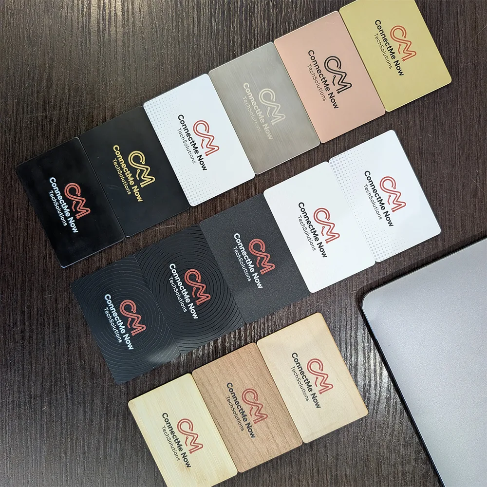 Full range of ConnectMe Now NFC cards in metal, PVC, and wood finishes