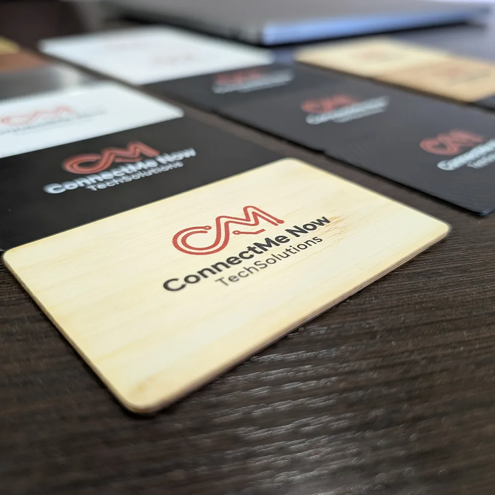 Natural wooden NFC card close-up